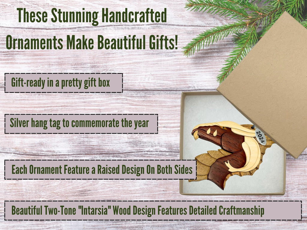 2026 Dragon Ornament, Elegant Wooden Dragon Ornament, Stunning Multi-Color Wood, Handcrafted Two-Tone Intarsia Design, with Gift Box - Beautiful Mystical, Fantasy Gift for Dragon Lovers
