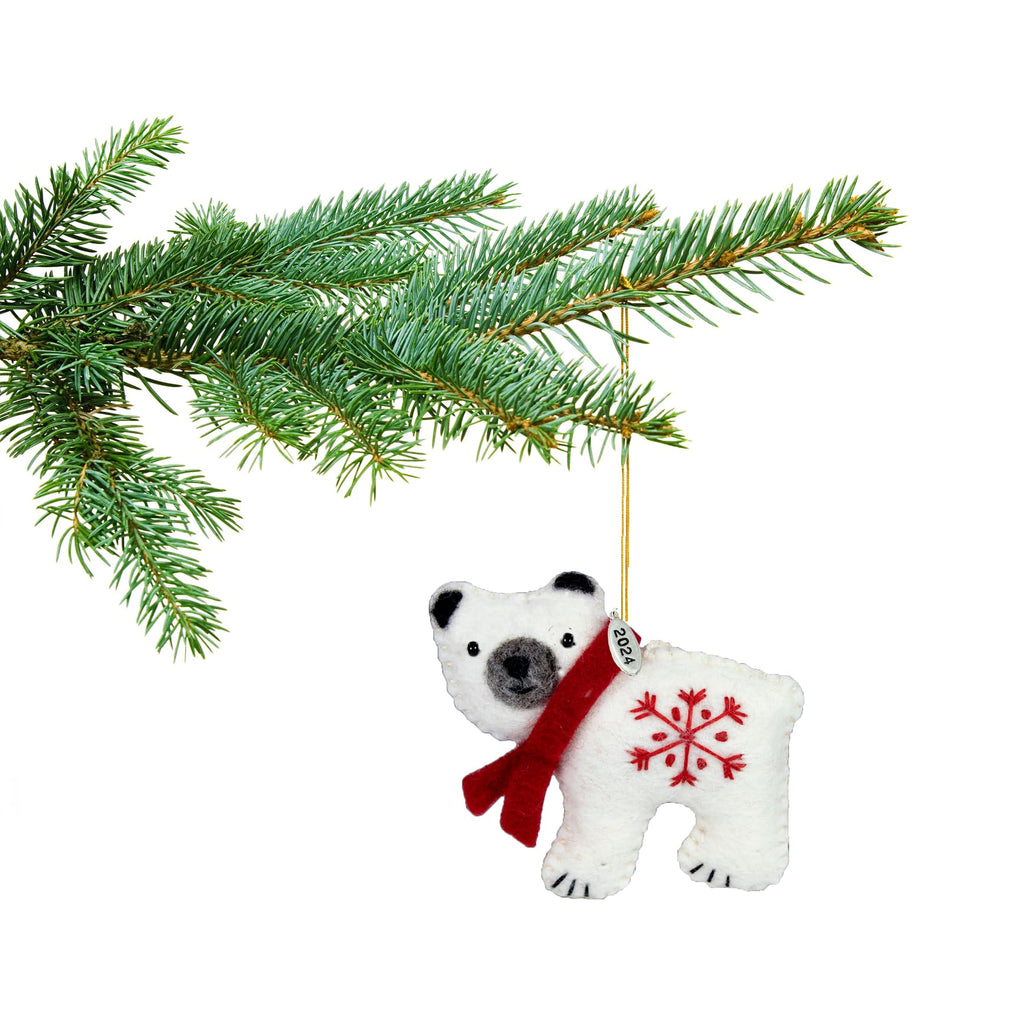 Cute Polar Bear Gifts, Felt Polar Bear Ornament, 2025 Fair Trade Christmas Ornament, Hand Felted Made in Nepal - Comes in a Gift Box