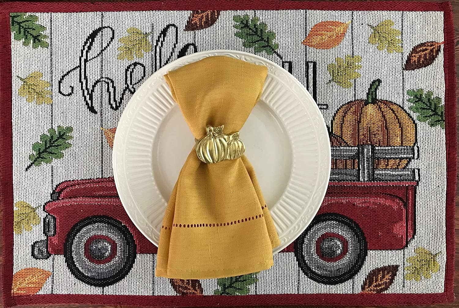 4 pc Hello Fall Placemats Fall Kitchen Decor Set with Vintage Truck and Fall Leaves Design - Comes in an Organza Bag so It's Ready for Giving!