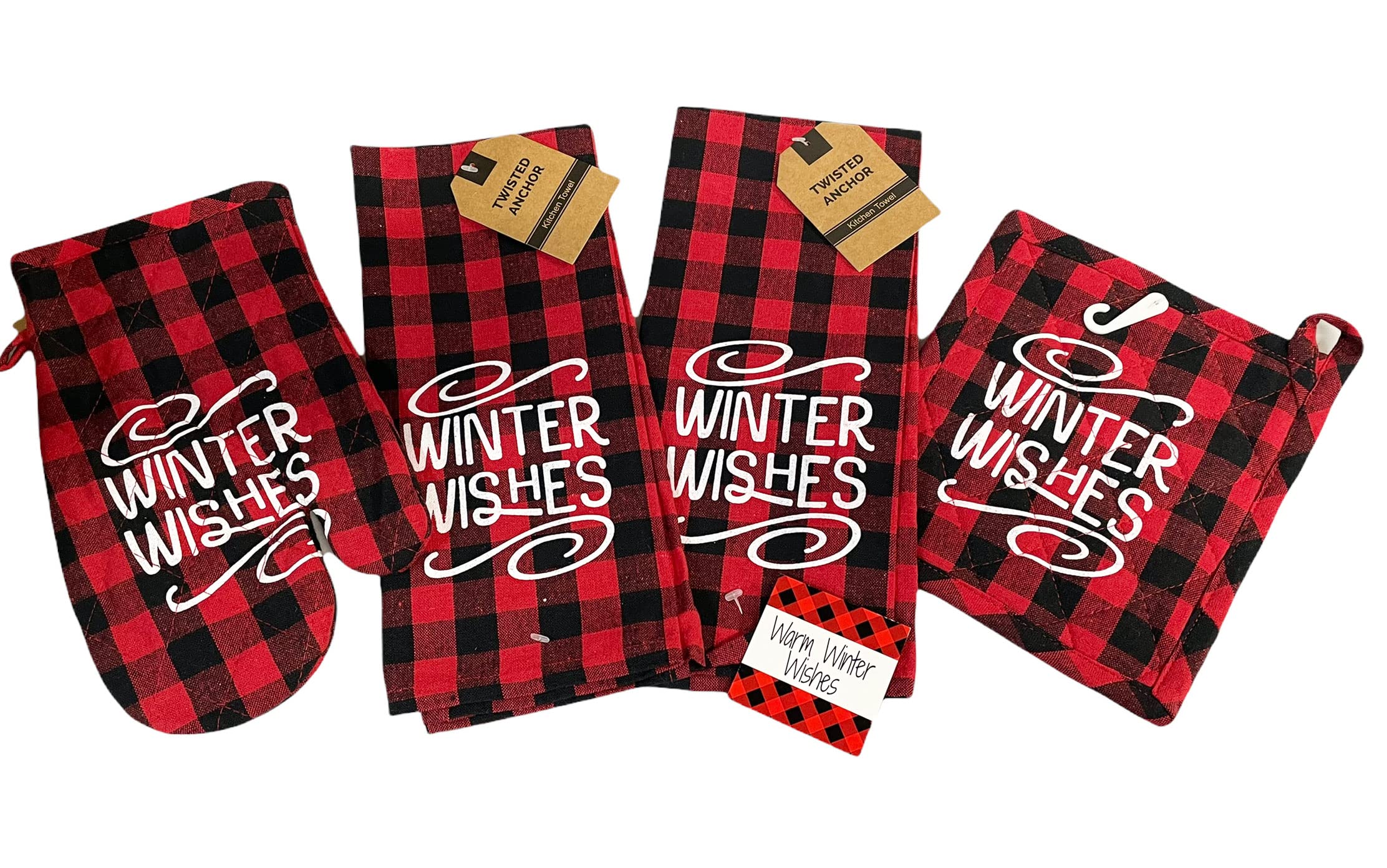 5 pc Buffalo Plaid Kitchen Towels Set w/Pot Holder, Oven Mitt, Kitchen Magnet Christmas Kitchen Towels, Decor - Comes in an Organza Bag so It's Ready for Giving! (Winter Wishes)