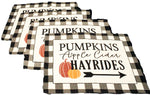 4 pc Fall Placemat Set - Fall Placemats, Pumpkins, Apple Cider, Hayrides Tapestry Style Design - Comes in an Organza Bag so It's Ready for Giving!