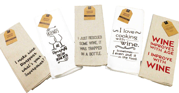 Twisted Anchor Trading Company Set of 5 Funny Wine Themed Kitchen Towels - Wine Lovers Gifts Set Comes in Organza Gift Bag