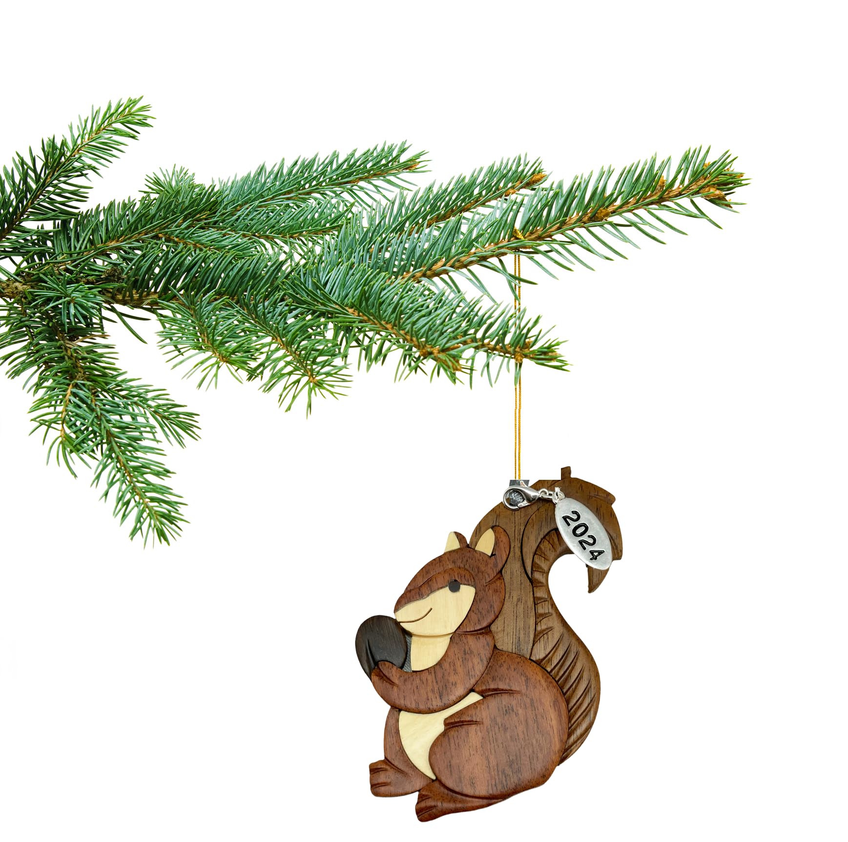 2026 Squirrel Ornament Two-Tone Wood Christmas Ornament - Handcrafted Wood Intarsia Design - Comes in A Gift Box So It's Ready for Giving