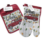 4 pc Vintage Truck Fall Kitchen Decor Set - Hello Fall with Fall Leaves - Matching Kitchen Towels, Pot Holder, and Oven Mitt - Comes in an Organza Bag so It's Ready for Giving!