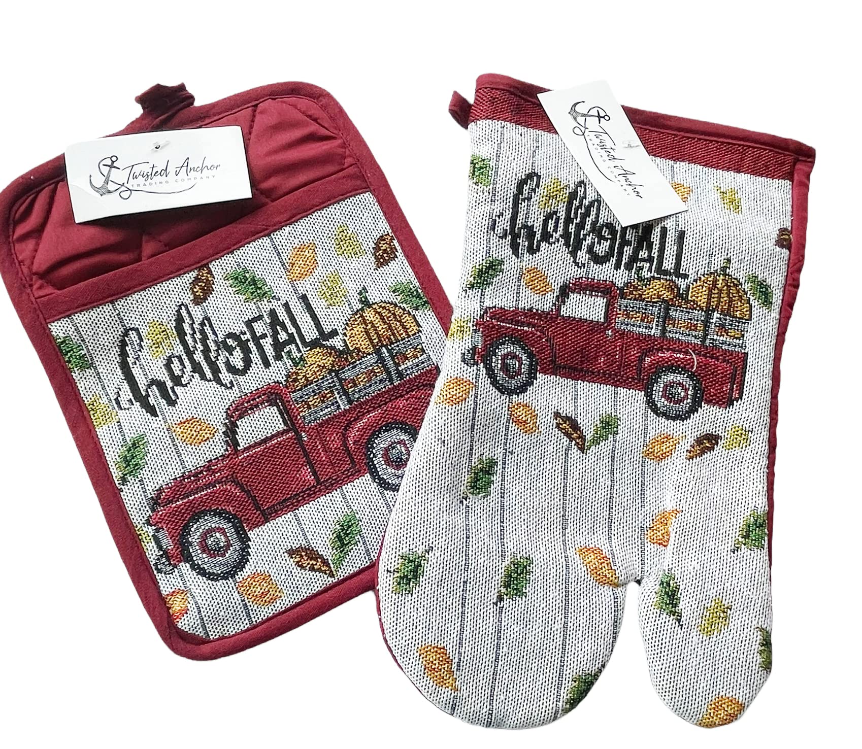 4 pc Fall Kitchen Towel Set with Oven Mitt & Pot Holder - Cute Vintage Truck - Hello Fall Leaves- Tapestry Design, Comes in an Organza Bag so It's Ready for Giving!
