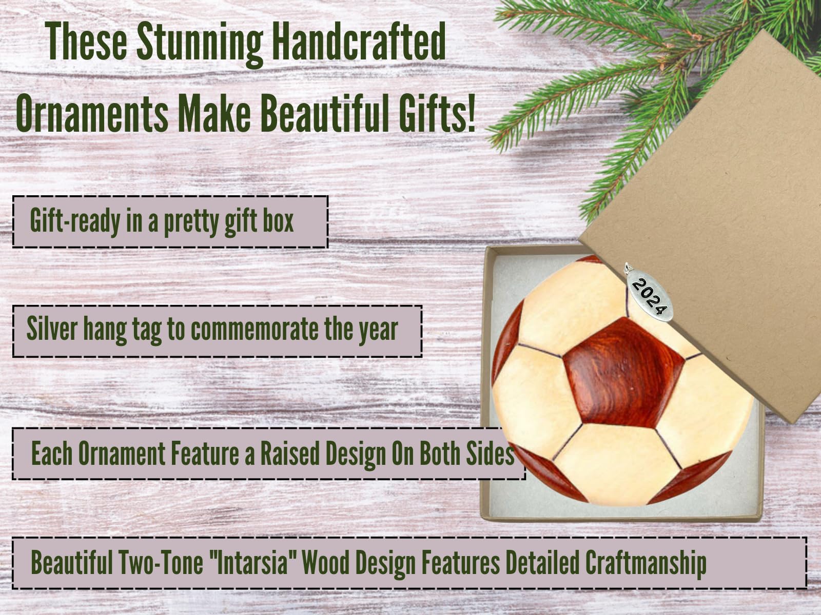2026 Soccer Ornament - Soccer Christmas Ornament - Stunning Two-Tone Wood Christmas Ornament - Intarsia Design - Comes in a Gift Box so Its Ready for Giving