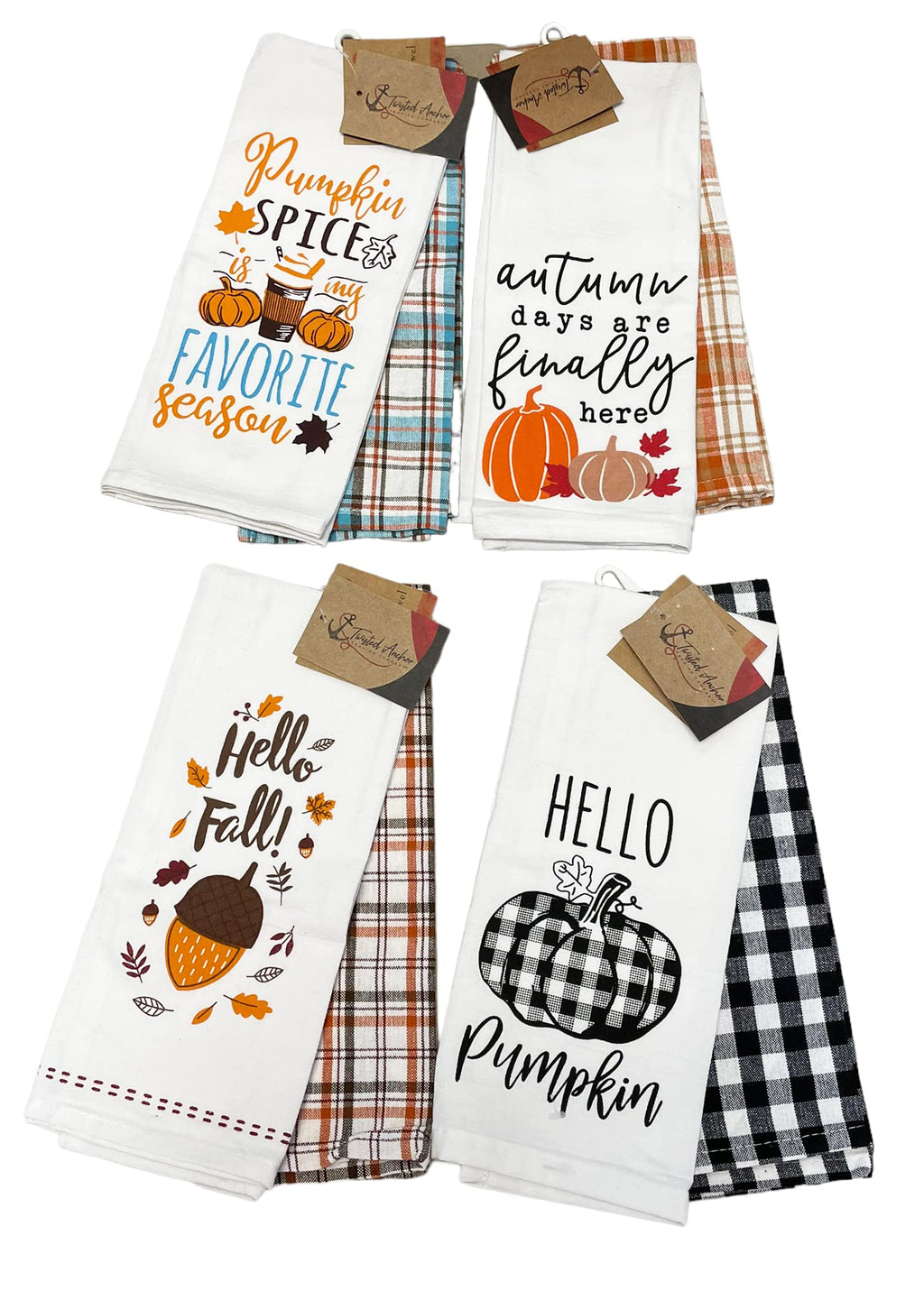 8 PC Checked Flour Sack Fall Thanksgiving Plaid Kitchen Towels Gift Set w Hello Pumpkin