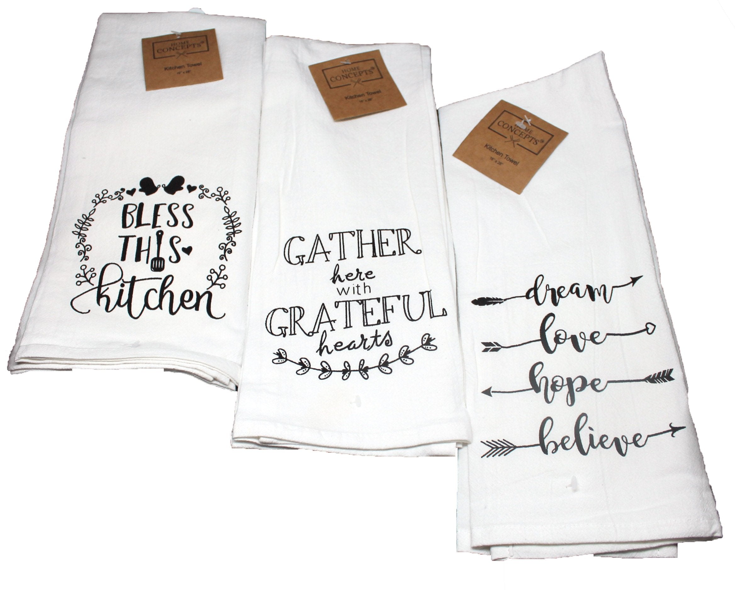 Twisted Anchor Trading Company Set of 3 Sentiment Kitchen Dish Towels - White Flour Sack Baking and Cooking Related Kitchen Towels Gift Set - Comes in Organza Gift Bag