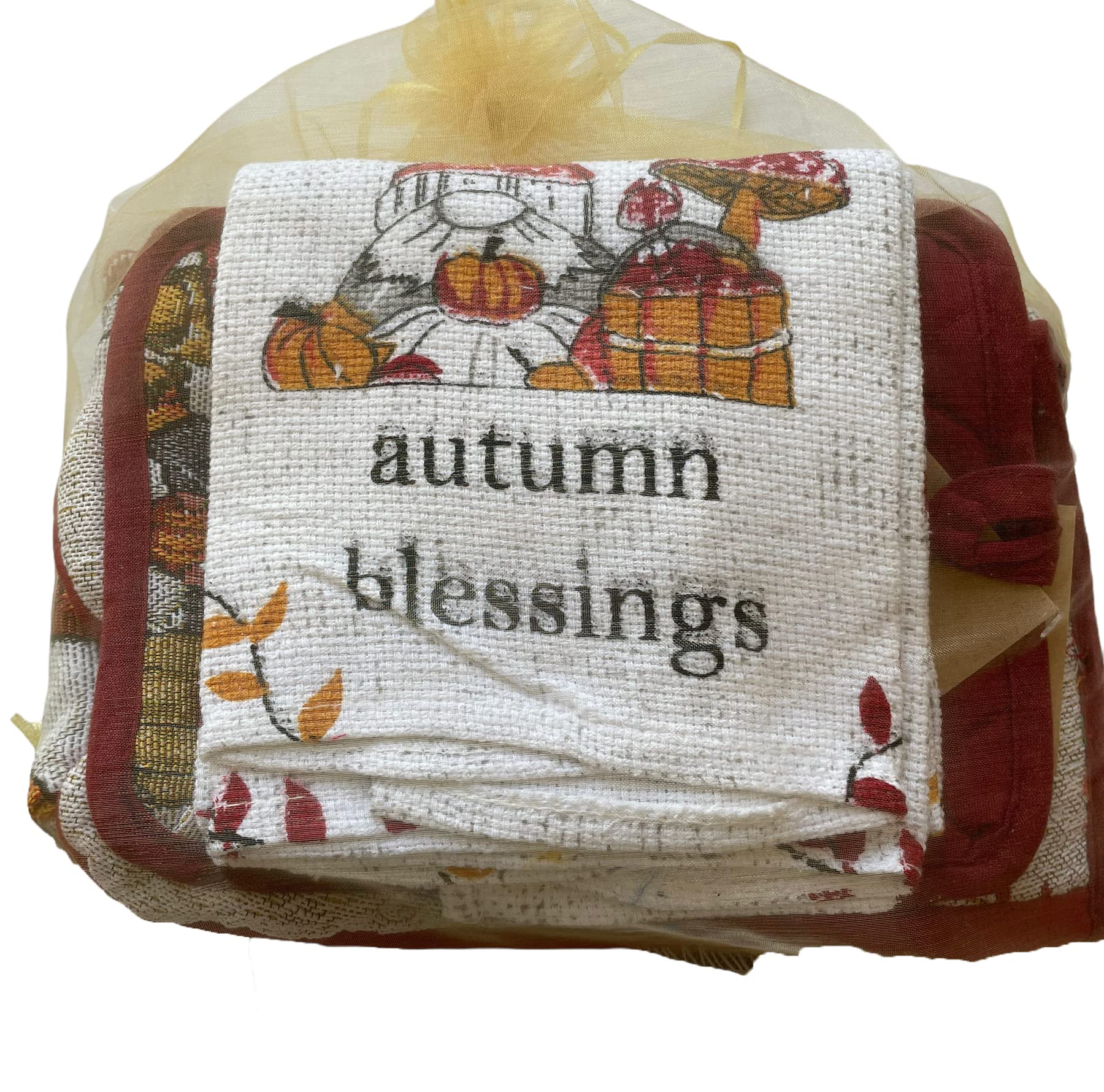 Gnome Placemats Set of 4 - Fall Gnome Kitchen Decor Set with Autumn Blessings Sentiment, Tapestry Style - Adorable Fall Placemats Set - Comes in Organza Gift Bag