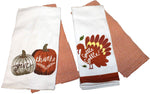 Two 2-Packs of Fall Kitchen Towels - Thanksgiving Kitchen Towels 100% Cotton w/Turkey, Pumpkins- Comes in Organza Gift Bag