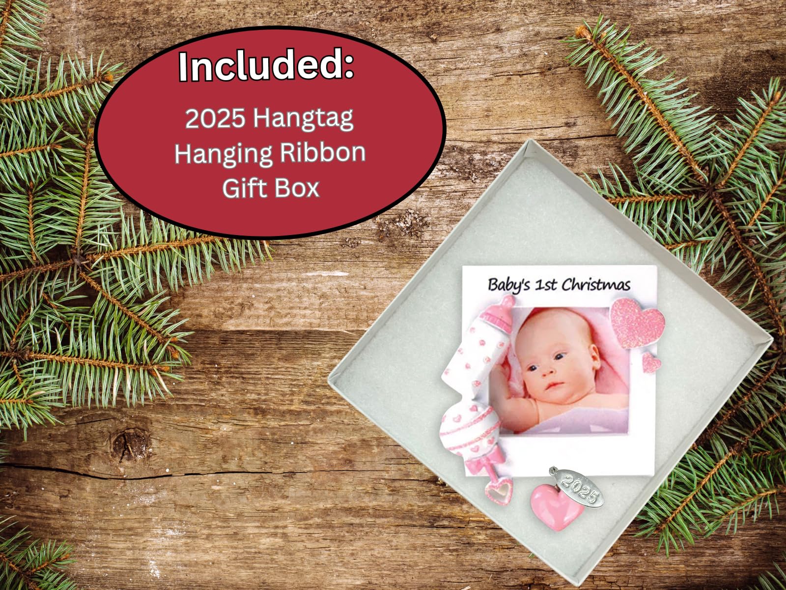 Pink Baby Girl Picture Frame Ornament, Baby's First Christmas - Can Be Personalized at Home - In Gift Box