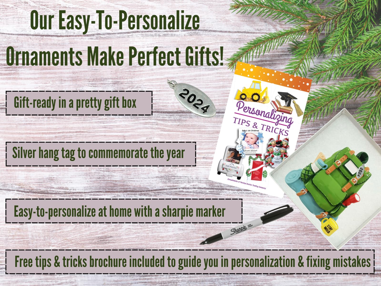 Green Backpack Ornament - Great for Hiking, Camping Gifts - Can Be Personalized at home, In Gift Box