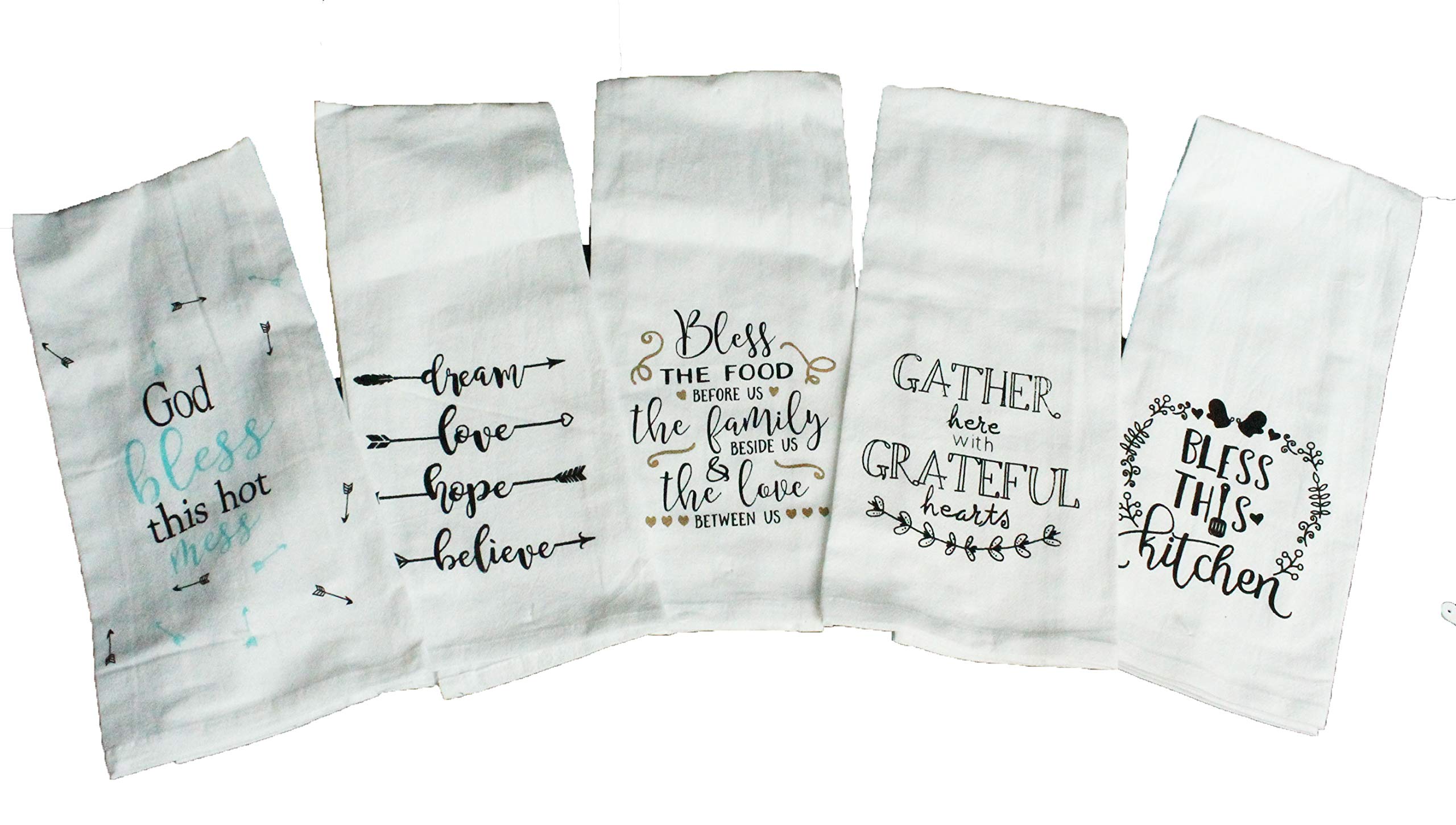 Everyday "Kind Sentiment" Kitchen Dish Towels - Set of 5 - Great Teacher or Gift Set for Women - Comes in a pretty Organza Gift Bag