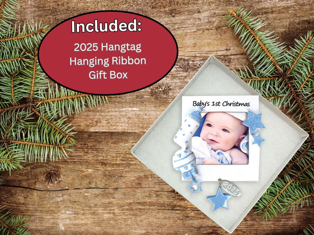 Blue Baby Boy Picture Frame Ornament, Baby's First Christmas - Can Be Personalized at Home - In Gift Box