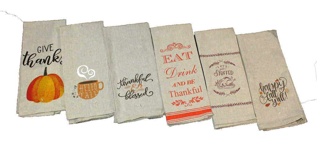 Set of 6 Dark Linen Thanksgiving Kitchen Towels Gift Set - Fall Kitchen Towel Set - Comes in Organza Gift Bag