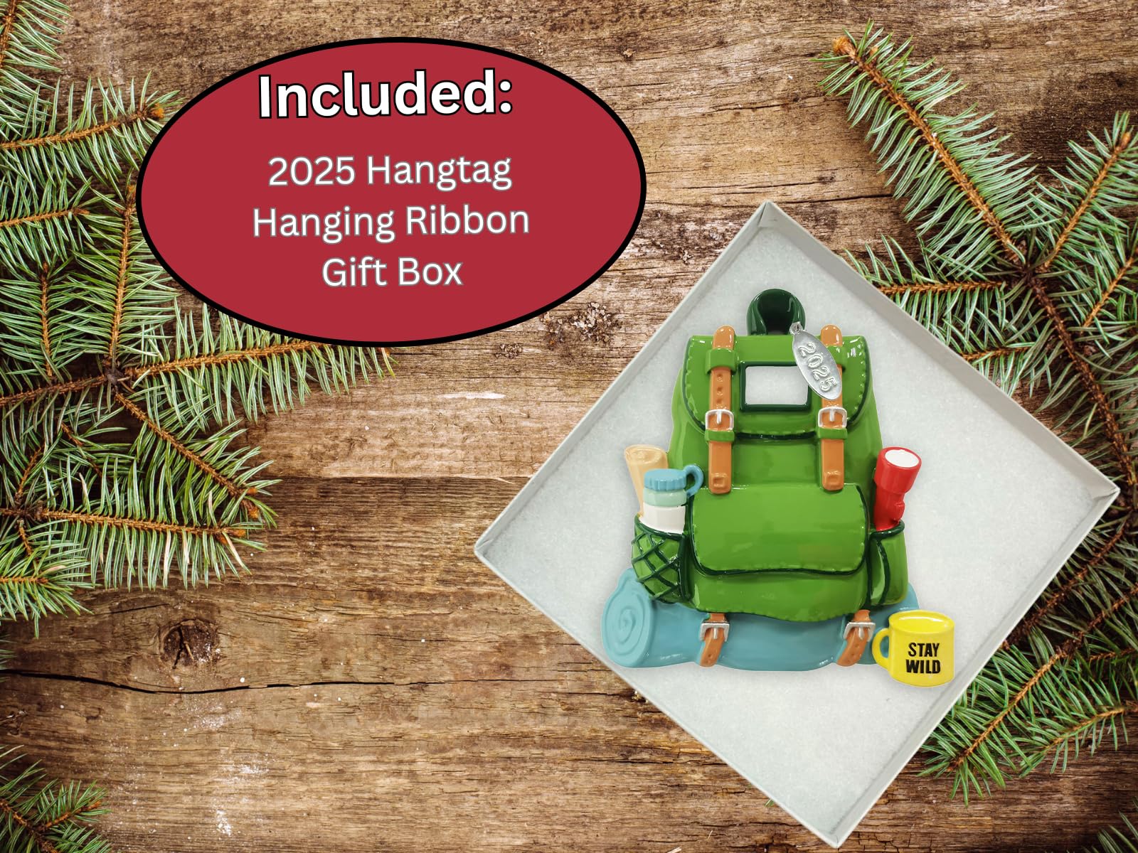 Green Backpack Ornament - Great for Hiking, Camping Gifts - Can Be Personalized at home, In Gift Box