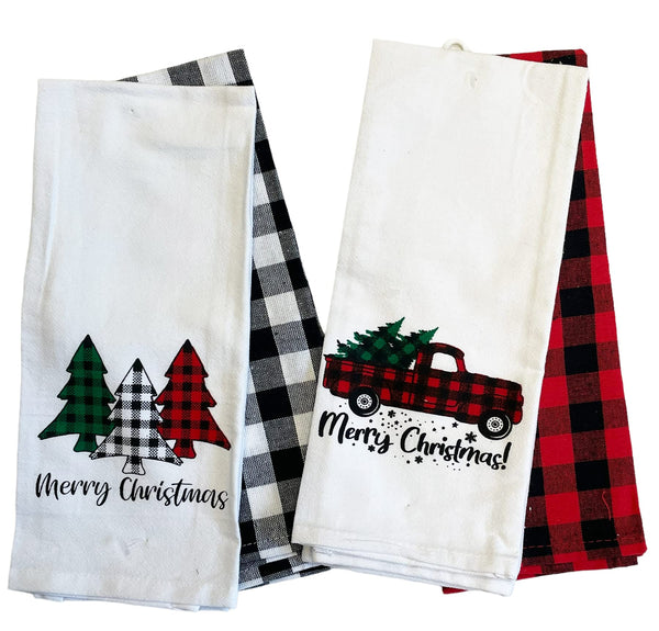 Set of 8 Flour Sack Holiday Christmas Plaid Kitchen Towels Gift Set - Christmas Kitchen Towel Set - Comes in Organza Gift Bag