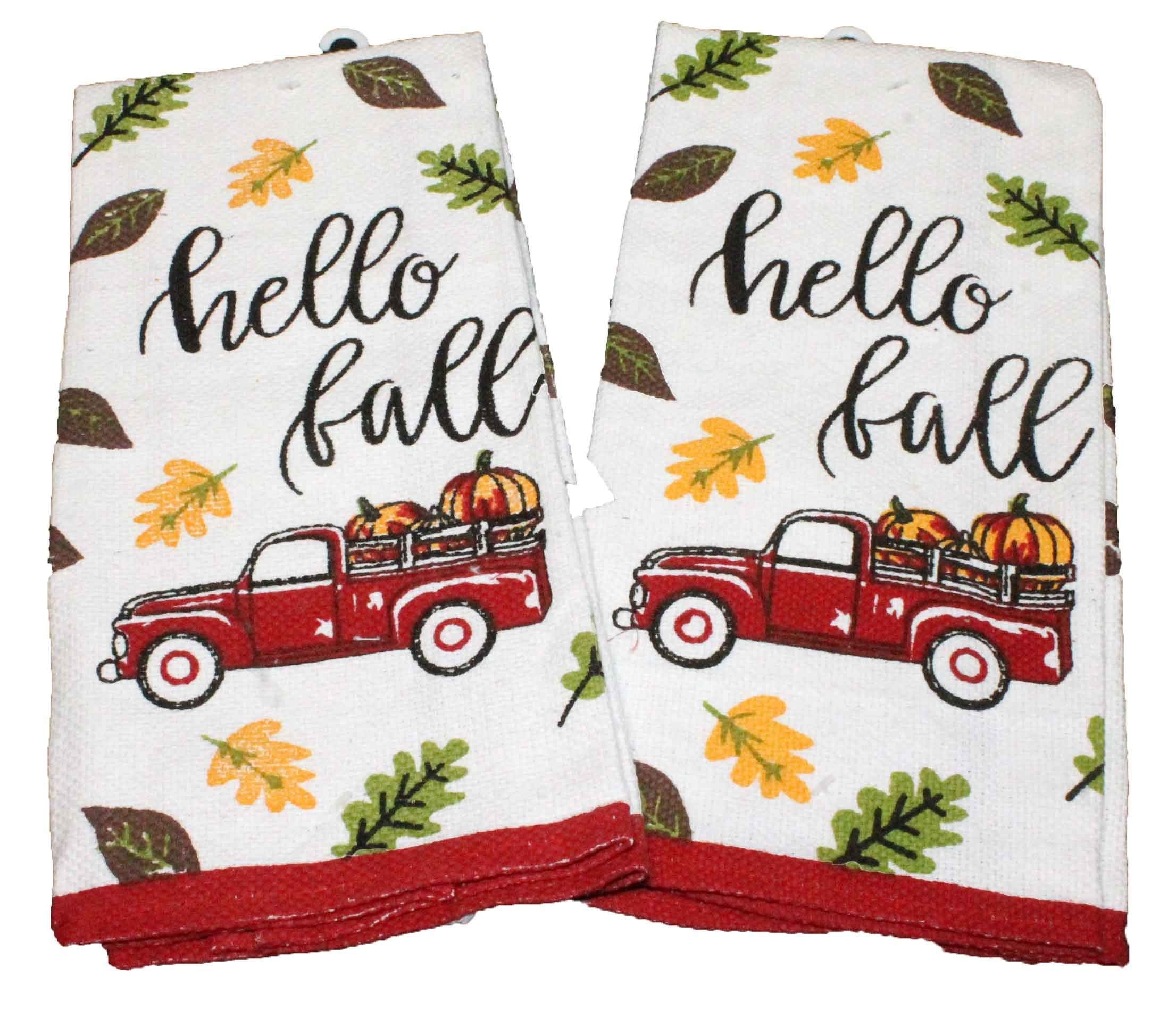 4 pc Fall Kitchen Towel Set with Oven Mitt & Pot Holder - Cute Vintage Truck - Hello Fall Leaves- Tapestry Design, Comes in an Organza Bag so It's Ready for Giving!