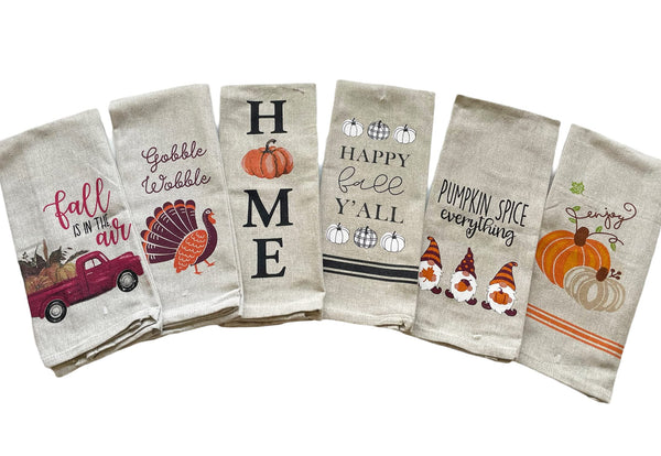 Fall Kitchen Towels, Set of 6 Dark Linen with Colorful Designs - Fall Gnome, Pumpkins, Thanksgiving, Trucks and More - Great Thanksgiving Towel Set or Fall Gift Set - Comes in a Gift Bag