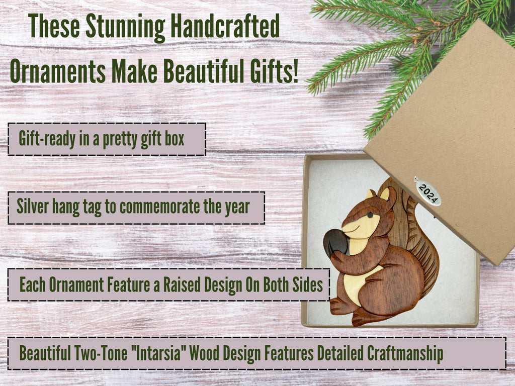 2026 Squirrel Ornament Two-Tone Wood Christmas Ornament - Handcrafted Wood Intarsia Design - Comes in A Gift Box So It's Ready for Giving