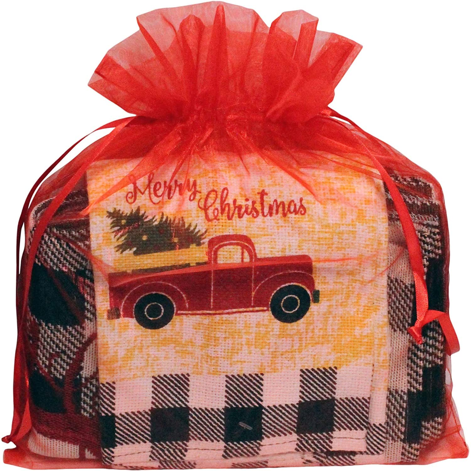 8 pc Merry Christmas Buffalo Plaid Placemats Kitchen Decor Set - Matching Placemats, Kitchen Towels, Pot Holder, and Oven Mitt - Comes in an Organza Bag so It's Ready for Giving!