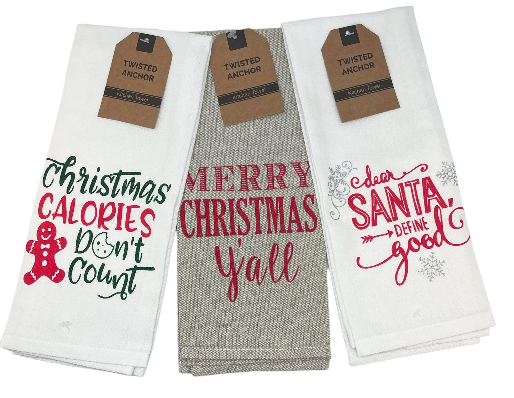 3 Pack Funny Kitchen Towels - Christmas Kitchen Towels - Includes 2 White, 1 Beige Linen Towels - Holiday Kitchen Towels - Comes in Red Organza Bag So its Ready for Giving!