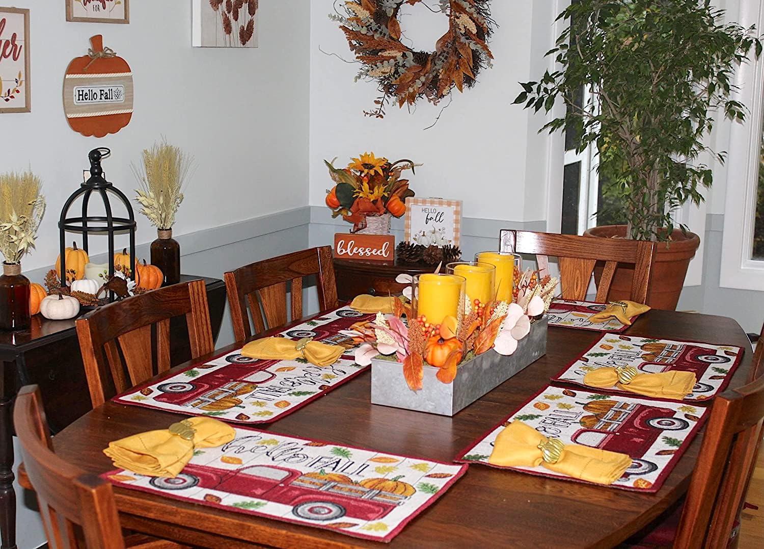 4 pc Hello Fall Placemats Fall Kitchen Decor Set with Vintage Truck and Fall Leaves Design - Comes in an Organza Bag so It's Ready for Giving!