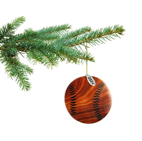 2024 Baseball Christmas Ornament - Intarsia Two-Tone Wood Design, Comes in Gift Box