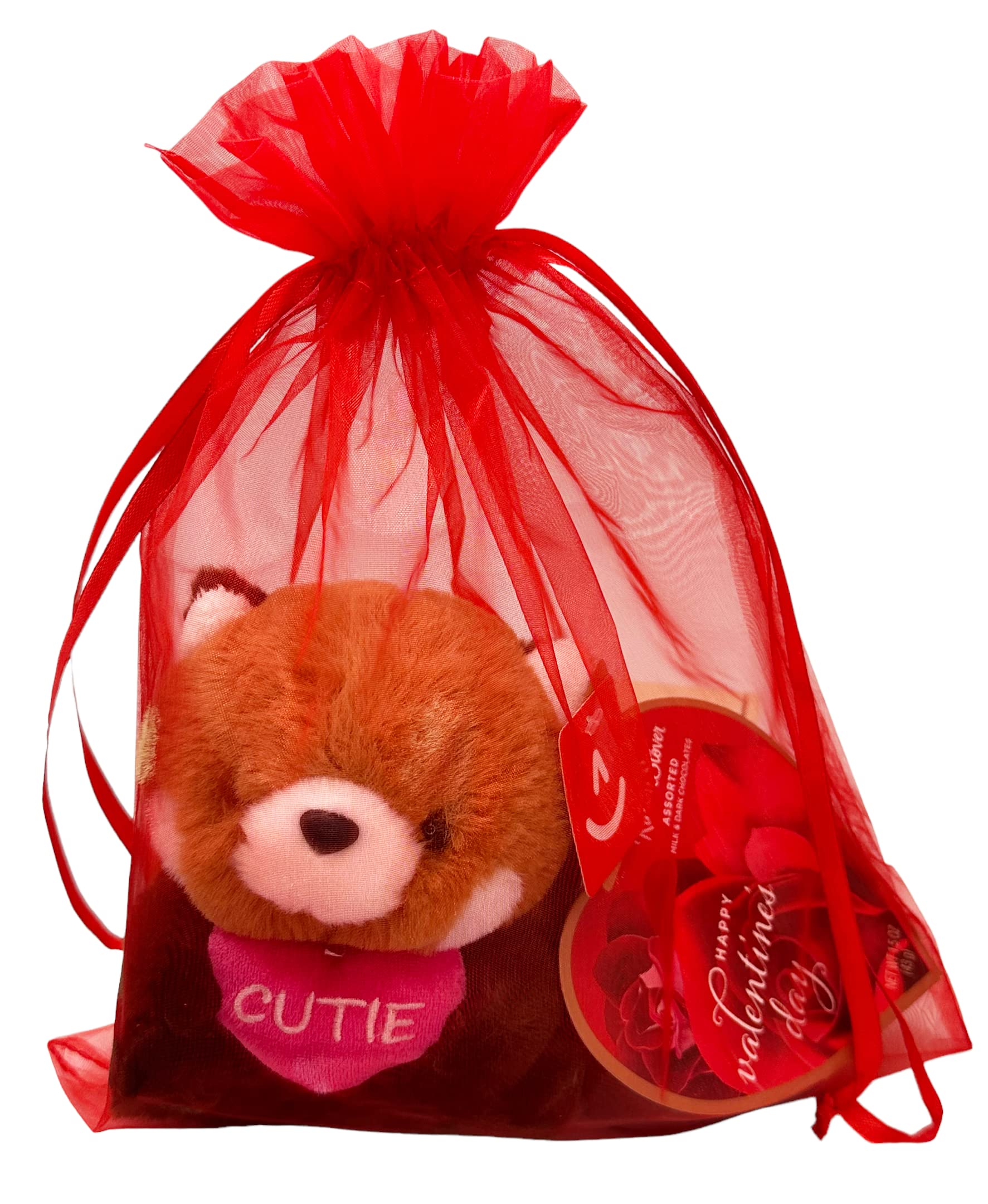 Valentines Day Gifts - 2 Pc Valentines Gift Set - Valentine Red Panda Bear Plush Friend with "CUTIE" sign and a 1.75 oz Russell Stover Chocolate Heart Candy Box