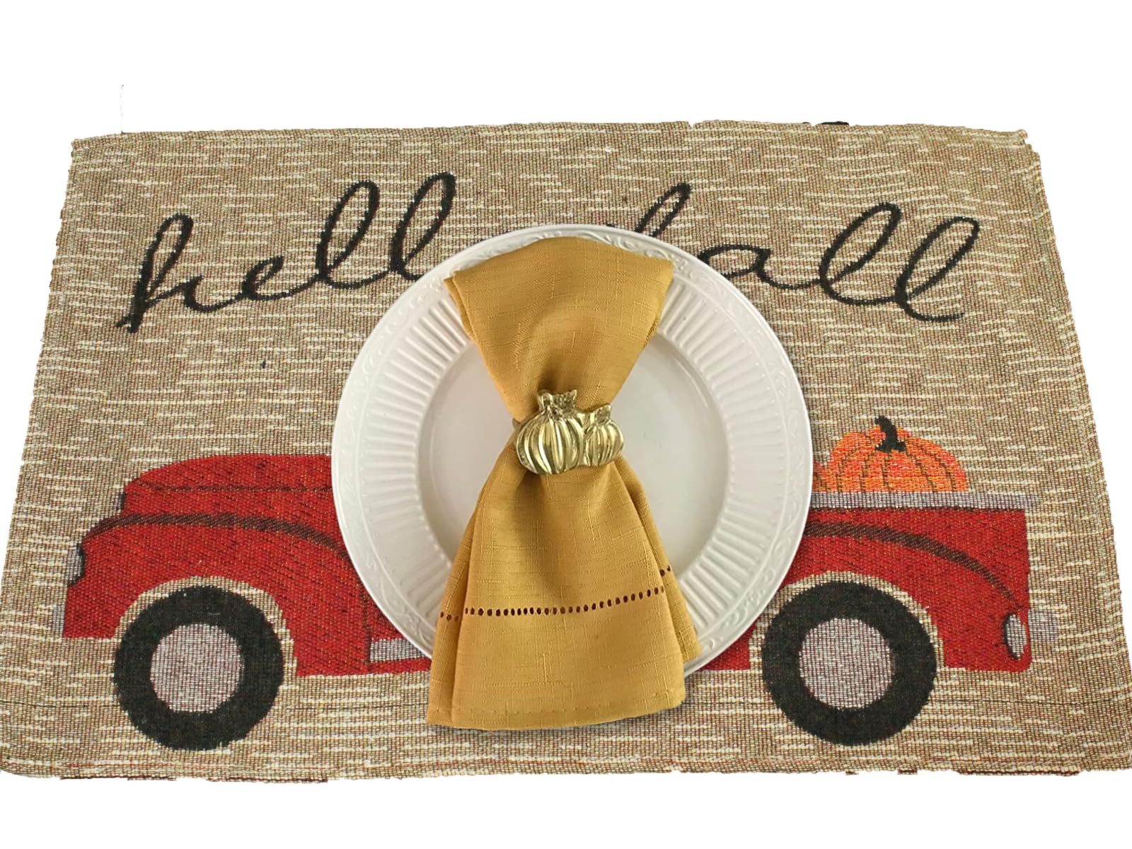 8 pc Vintage Truck Fall Kitchen Decor Set - Hello Fall - Matching Fall Placemats, Kitchen Towels, Pot Holder, and Oven Mitt - Comes in an Organza Bag so It's Ready for Giving!