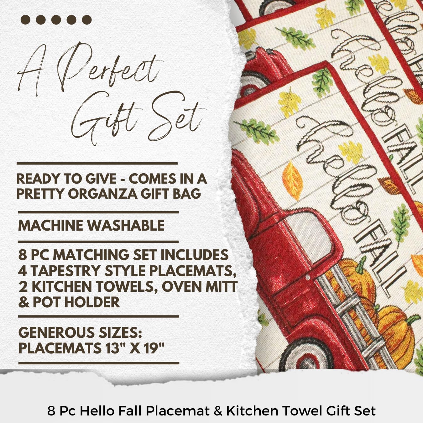 4 pc Hello Fall Placemats Fall Kitchen Decor Set with Vintage Truck and Fall Leaves Design - Comes in an Organza Bag so It's Ready for Giving!