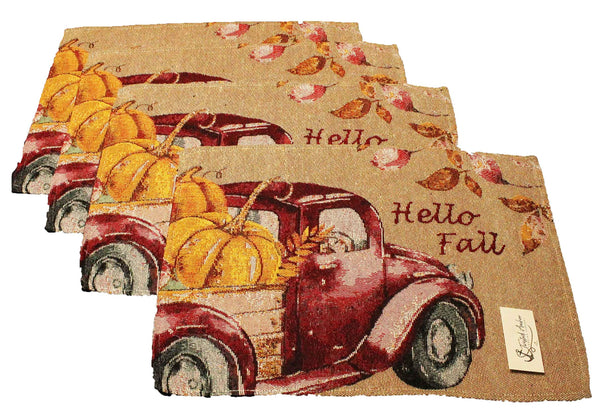 4 pc Fall Placemat Set - Hello Fall Tapestry Style Vintage Truck Design - Comes in an Organza Bag so It's Ready for Giving!