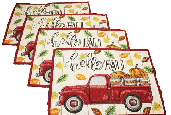 4 pc Hello Fall Placemats Fall Kitchen Decor Set with Vintage Truck and Fall Leaves Design - Comes in an Organza Bag so It's Ready for Giving!