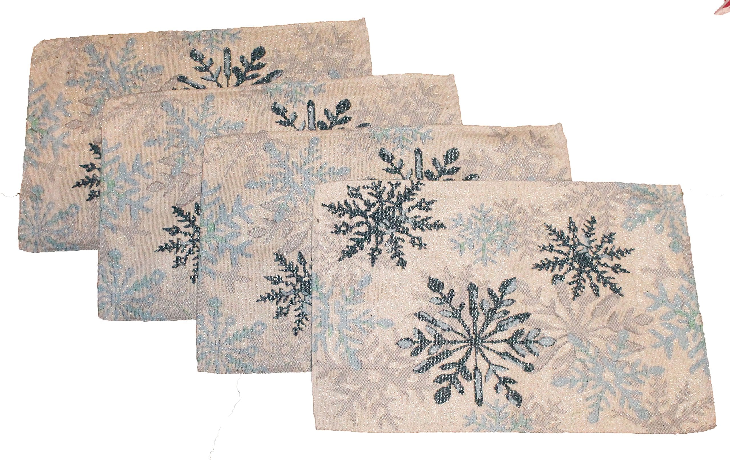 Set of 4 Glitter Tapestry Snowflake Placemats - Sparkly Blue Holiday Placemats Design - Comes in an Organza Bag