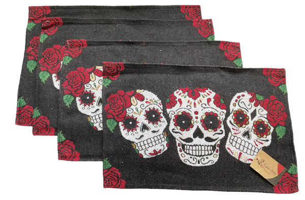 Halloween Placemats Set of 4 with 3 Colorful Sugar Skulls, Skull Placemats, Day of The Dead Decor - Comes in an Organza Bag so You can give it as a Fun Gift!