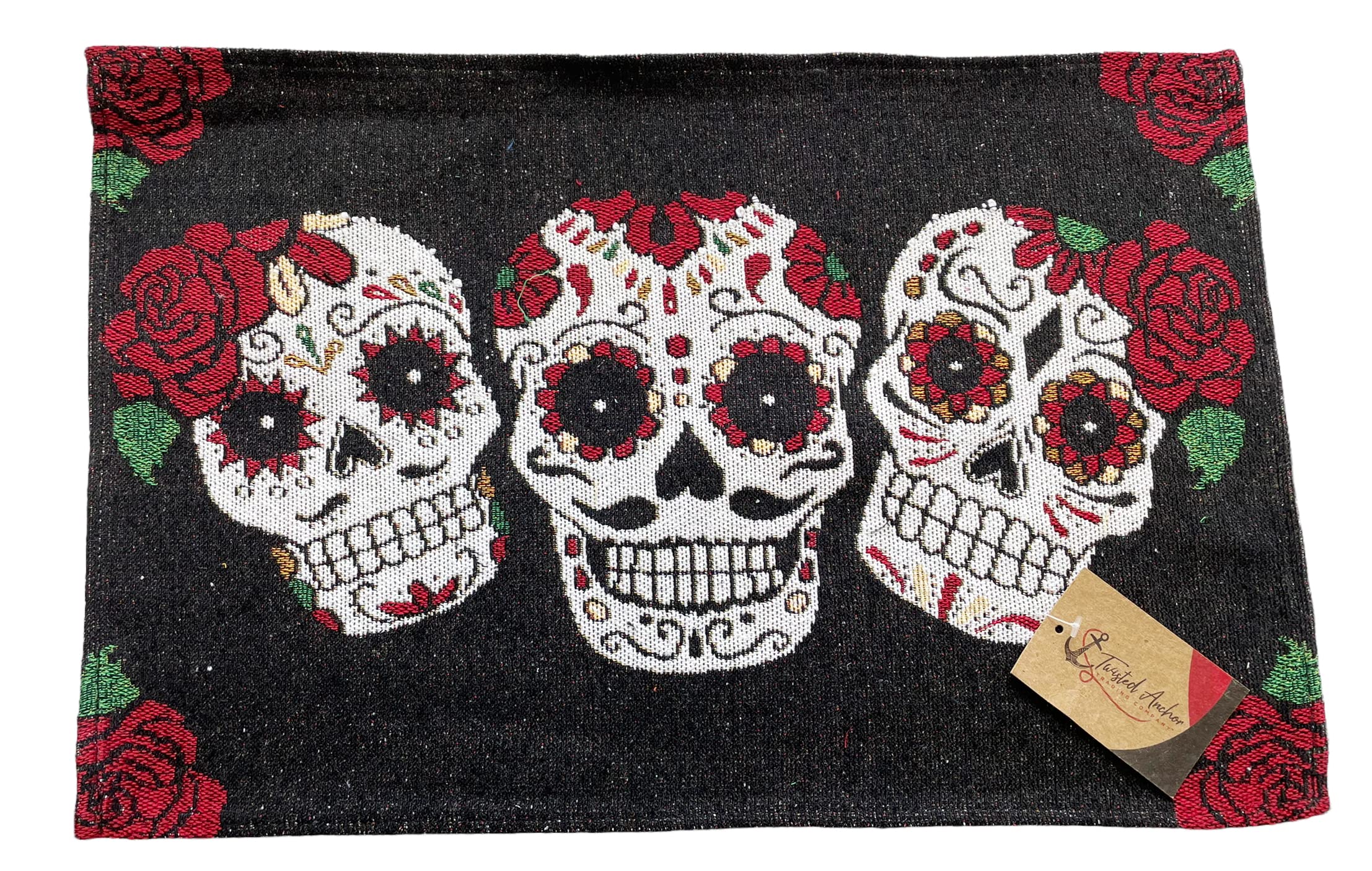 Halloween Placemats Set of 4 with 3 Colorful Sugar Skulls, Skull Placemats, Day of The Dead Decor - Comes in an Organza Bag so You can give it as a Fun Gift!