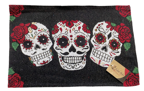 Halloween Placemats Set of 4 with 3 Colorful Sugar Skulls, Skull Placemats, Day of The Dead Decor - Comes in an Organza Bag so You can give it as a Fun Gift!