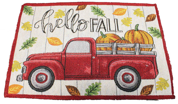 4 pc Hello Fall Placemats Fall Kitchen Decor Set with Vintage Truck and Fall Leaves Design - Comes in an Organza Bag so It's Ready for Giving!