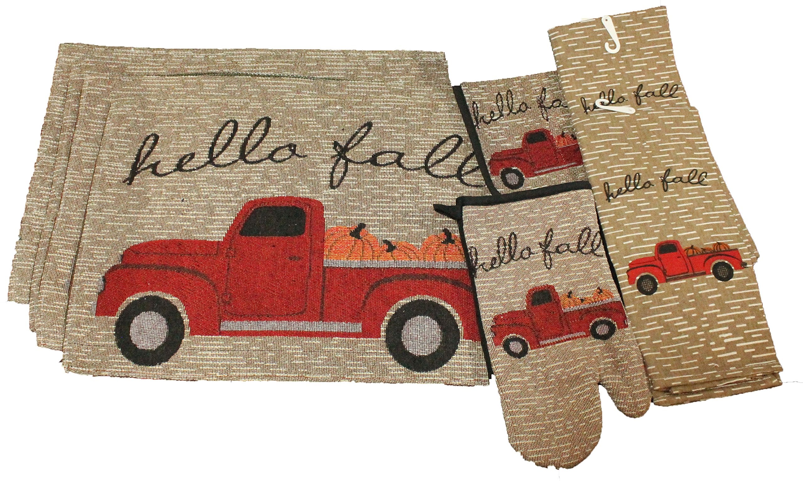8 pc Vintage Truck Fall Kitchen Decor Set - Hello Fall - Matching Fall Placemats, Kitchen Towels, Pot Holder, and Oven Mitt - Comes in an Organza Bag so It's Ready for Giving!