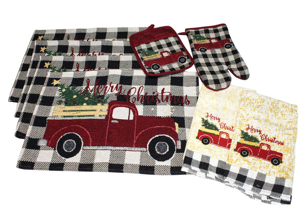 8 pc Merry Christmas Buffalo Plaid Placemats Kitchen Decor Set - Matching Placemats, Kitchen Towels, Pot Holder, and Oven Mitt - Comes in an Organza Bag so It's Ready for Giving!