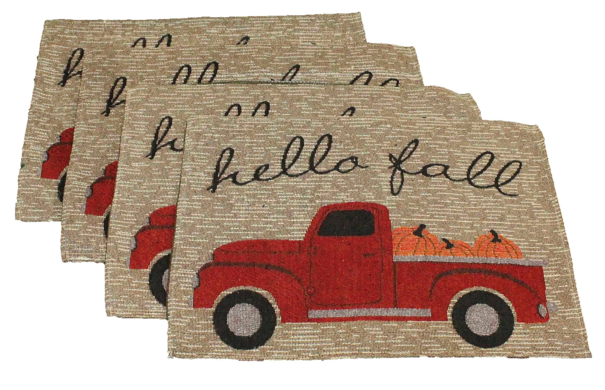 4 pc Hello Fall Placemats - Vintage Truck Fall Kitchen Decor Set - Comes in an Organza Bag so It's Ready for Giving!