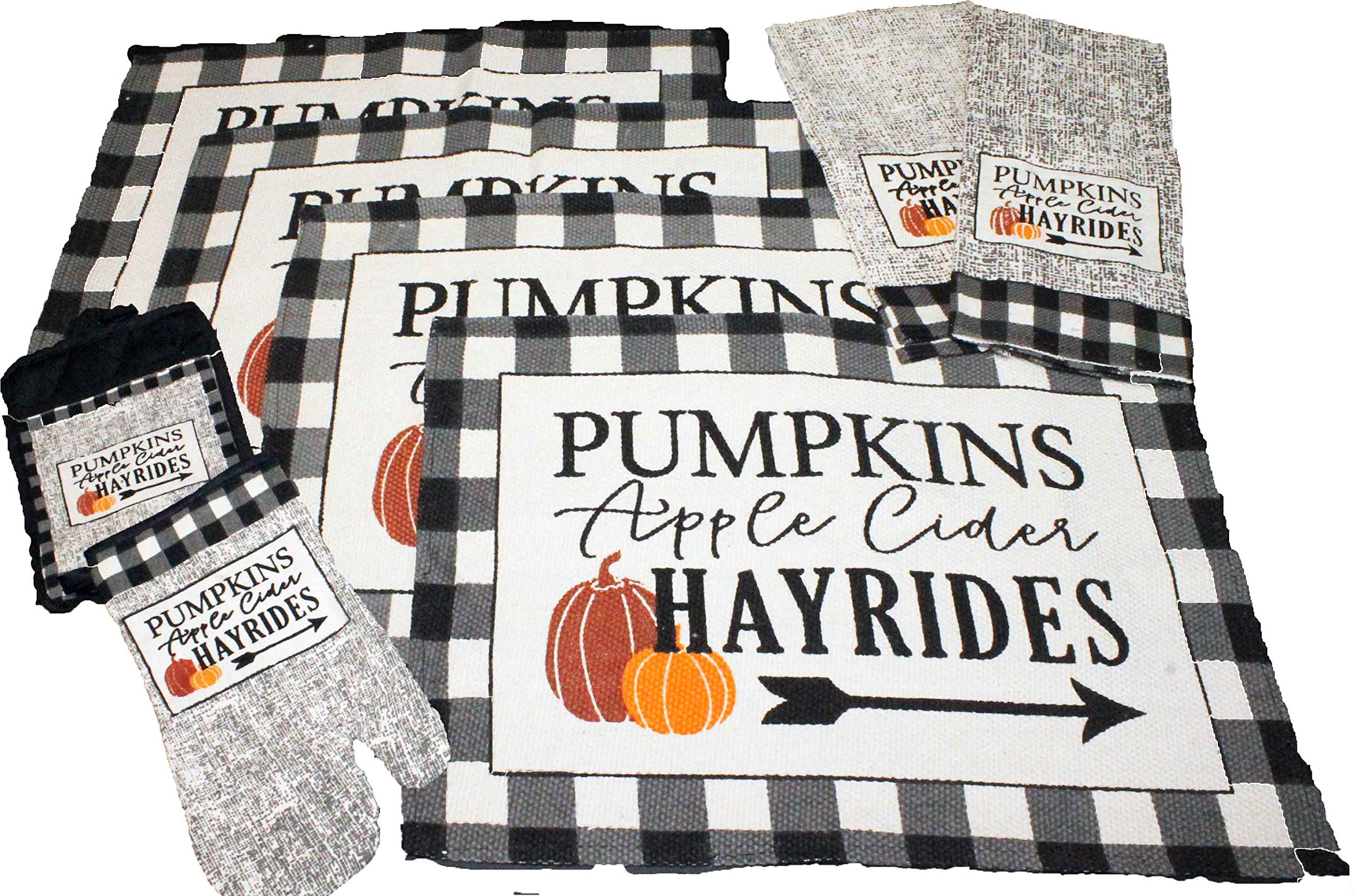 8 pc Fall Placemats Set - Buffalo Plaid Placemats with Apple Cider, Hayrides & Pumpkins - Tapestry Style Autumn Home Decor