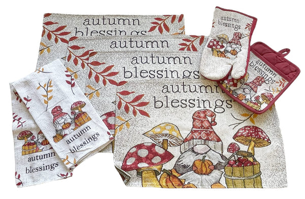 8 pc Gnome Placemats Set - Fall Gnome Kitchen Decor Set with Towels and More - Adorable Fall Placemats Set - Comes in Organza Gift Bag