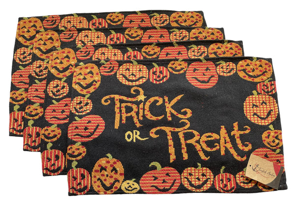 4 pc Halloween Placemats Set - Jack O Lanterns Pumpkins, Trick or Treat, Tapestry Style, Comes in Gift Bag