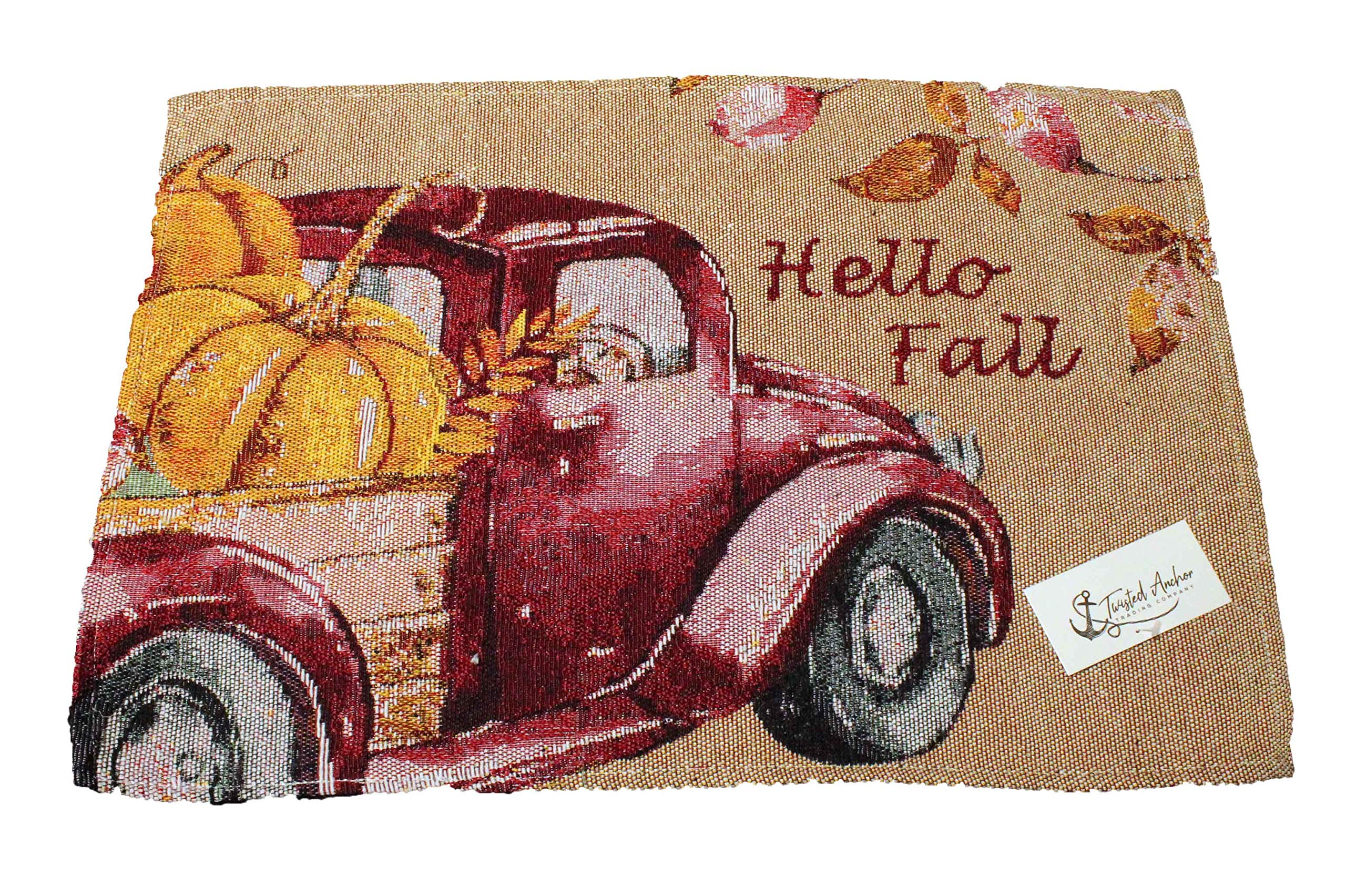 4 pc Fall Placemat Set - Hello Fall Tapestry Style Vintage Truck Design - Comes in an Organza Bag so It's Ready for Giving!