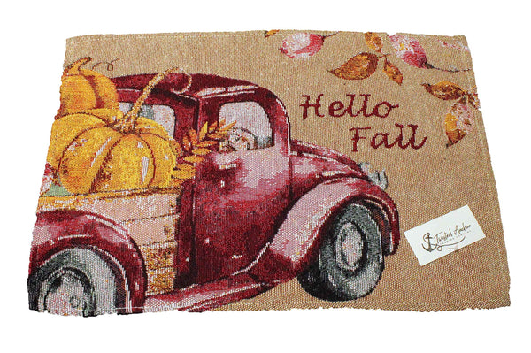 4 pc Fall Placemat Set - Hello Fall Tapestry Style Vintage Truck Design - Comes in an Organza Bag so It's Ready for Giving!