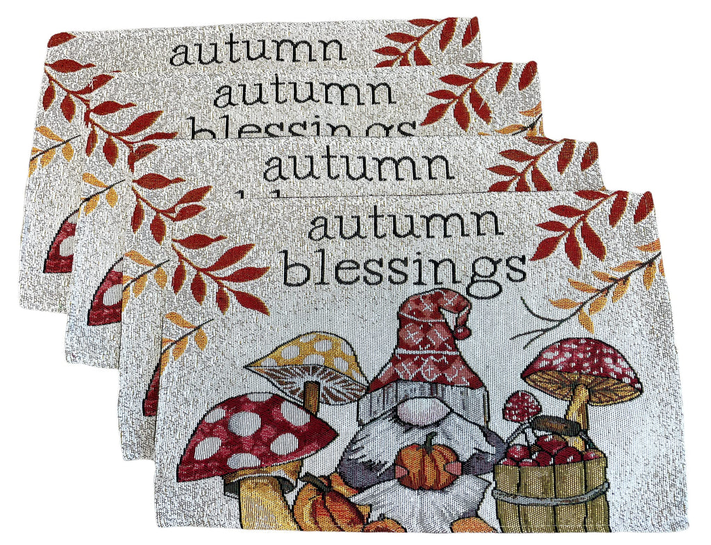Gnome Placemats Set of 4 - Fall Gnome Kitchen Decor Set with Autumn Blessings Sentiment, Tapestry Style - Adorable Fall Placemats Set - Comes in Organza Gift Bag