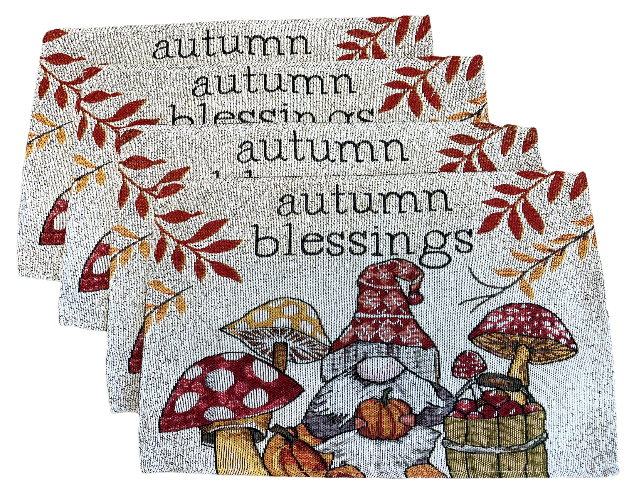 Gnome Placemats Set of 4 - Fall Gnome Kitchen Decor Set with Autumn Blessings Sentiment, Tapestry Style - Adorable Fall Placemats Set - Comes in Organza Gift Bag