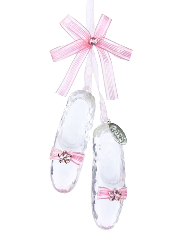 Clear Acrylic Ballerina Ornaments with Ribbon and 2025 Hangtag - Ballet Shoe Christmas Ornaments for Tree Decoration - Fairy Godmother Shoe Ornament in Gift Box