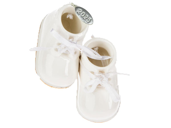 Ivory Baby Shoe Ornament Babys First Christmas Boy or Girl Ornament 2025 Cream Porcelain Baby Booties - Can Be Personalized - with Gift Box